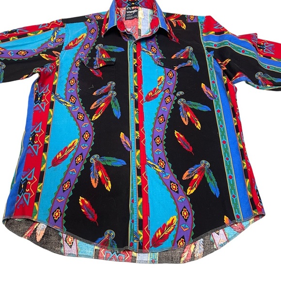 Wrangler Vintage Y2K 90’s Aztec Southwestern Feather Long Sleeve Pearl Snap - Picture 6 of 9